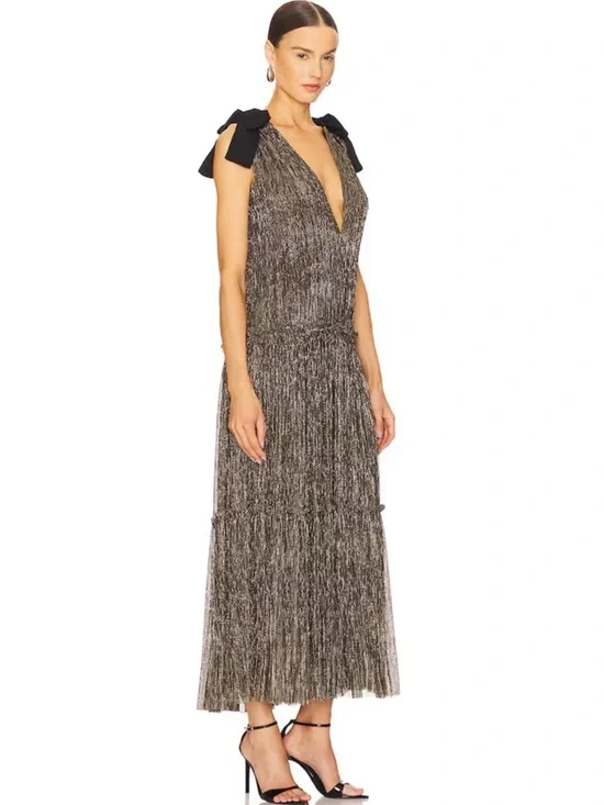 Sabina Musayev Metallic Fringe V-Neck with Shoulder Bows Ray Dress in Gold Sz Md - Picture 3 of 9
